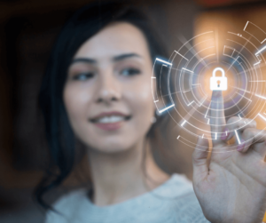 A woman touching a hologram lock